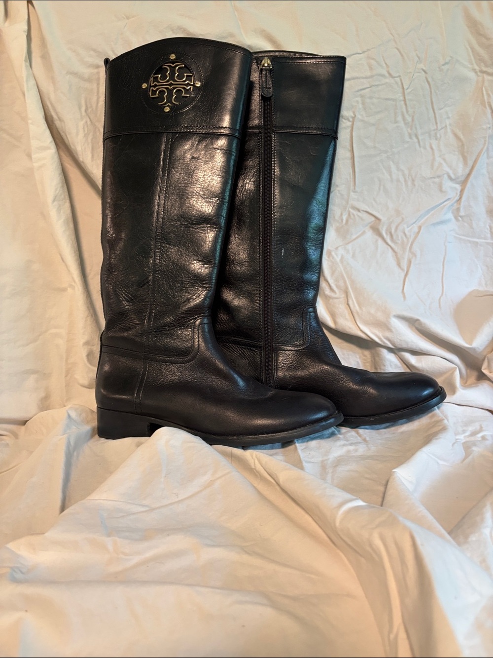 Tory Burch Black Leather Knee-High Zip Boots - Picture 3 of 6